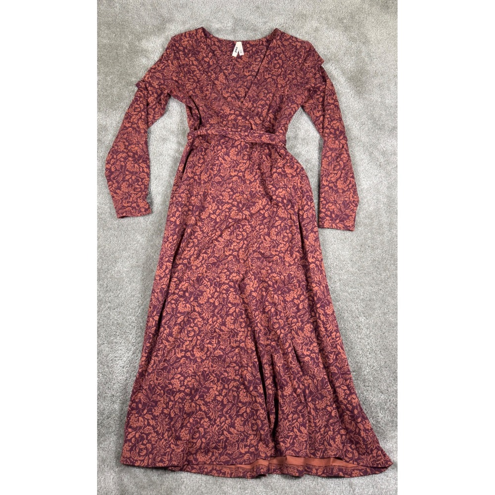 Pact Organic Cotton Floral Wrap Midi Dress Long Sleeve Pockets Burgundy Small